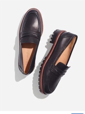 Madewell Corinne Black Leather Deep Lug Sole Penny Loafer Slip On Shoe Size 11